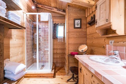 een badkamer met een douche en een wastafel bij Chalet Vardasse in Manigod