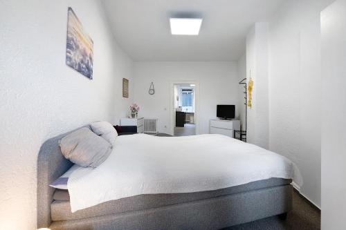 a white bedroom with a bed and a television at Wendelin in Sankt Wendel