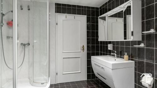 a bathroom with a shower and a sink and a mirror at Ferienhaus Mengelberg in Roschbach