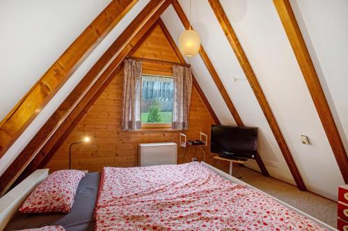 a bedroom with a bed and a tv in a attic at Ferienhaus Amrhein in Siegsdorf