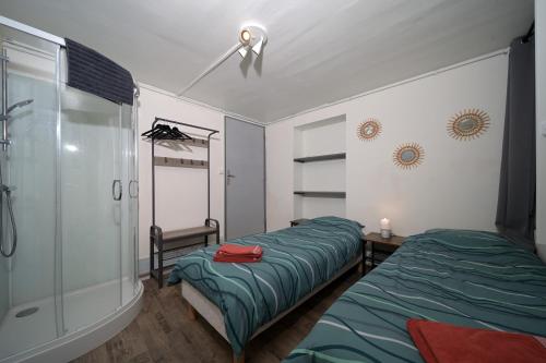 a bedroom with two beds and a glass shower at Le Gite des 3000 avec Spa in Auzat