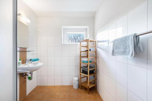 a bathroom with a sink and a toilet and a shelf at Solarferienhaus Wolkenlos in Breklum