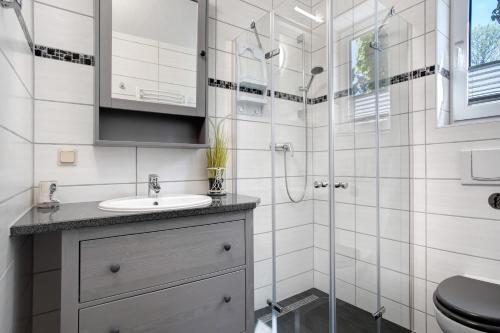 a bathroom with a sink and a shower at Fewo 11 - Halbinsel Darss - Ostsee in Wieck