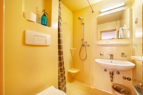 a bathroom with a sink and a shower at Ferienwohnung Jonagold Schnalserhof in Laces
