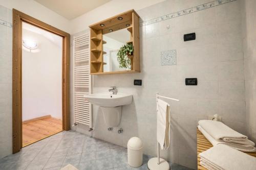 a bathroom with a sink and a mirror at Agritur piazera con terrazzo in Ronzo Chienis