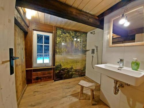 a bathroom with a sink and a shower and a window at Ferienhütte Biobetrieb Lippenhof in Bruckbach
