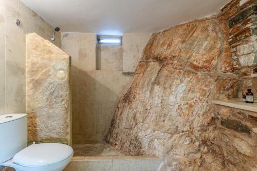 a bathroom with a toilet and a stone wall at Vrahos Tinos in Panormos