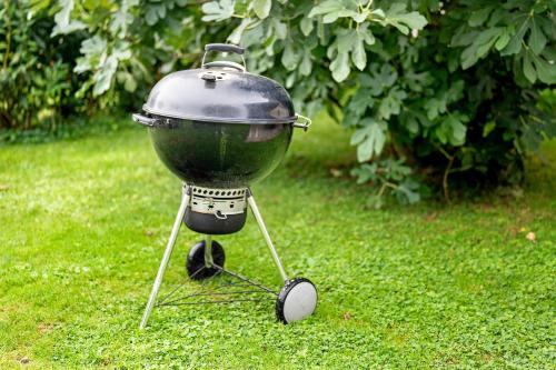 a grill sitting on a stand in the grass at Ferienwohnung Walter in Ringsheim