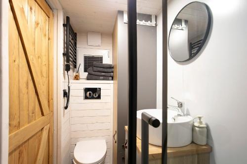 a small bathroom with a sink and a mirror at Tiny House Nr 5 in Schwielowsee
