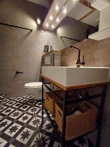 a bathroom with a sink and a toilet at Ferienwohnung Möwennest by Deju in Norderney