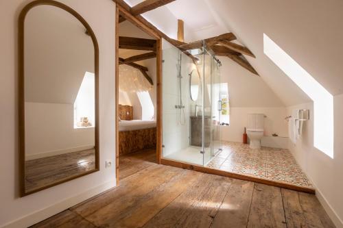 a bathroom with a shower and a mirror at Château des Salettes in Anoye