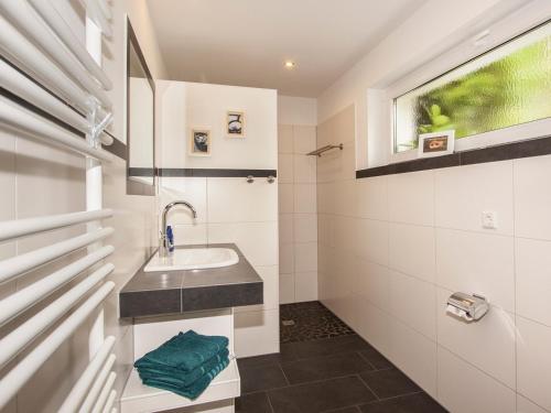 a bathroom with a sink and a window at Ferienhof Bieke in Finnentrop