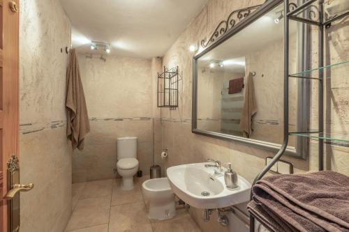 a bathroom with a sink and a toilet and a mirror at Cuatro Torres in Campillo
