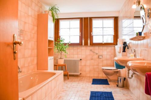 a bathroom with a tub and a toilet and a sink at Ferienwohnung Moog in Steinach