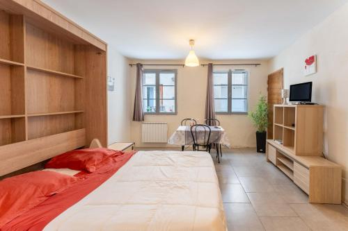 a bedroom with a large bed and a television at Studio tout confort au Ventoux in Malaucène