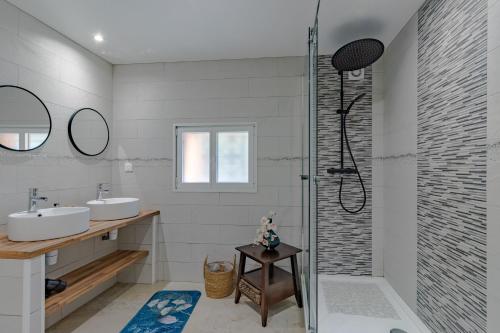 a bathroom with a shower and a sink at La Villa du Mas des Chenes in Pomport