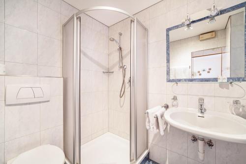 a bathroom with a shower and a sink at Wohnung Gravensteiner Schnalserhof in Laces