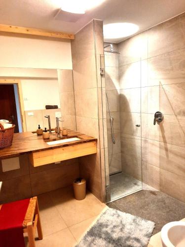 a bathroom with a shower and a sink at Peter Paul Domblick Erdgeschoss in Appiano sulla Strada del Vino