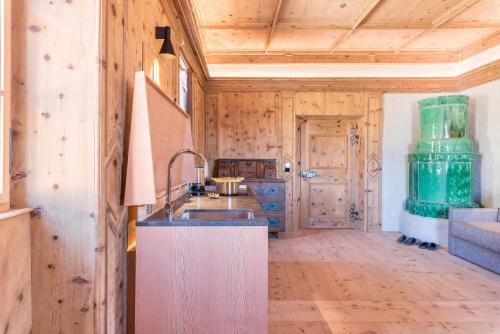 a kitchen with a sink and a wooden wall at Hof im Thal Apt Zirbe in Aldino