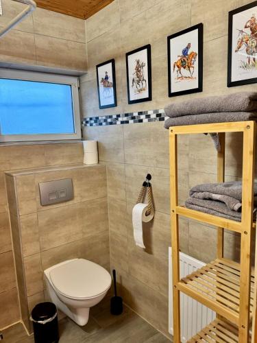 a small bathroom with a toilet and a window at Tiny Rooster Lodge in Alt Duvenstedt