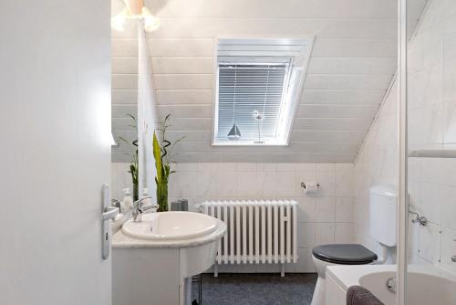 a bathroom with a sink and a toilet and a window at Ferienwohnung en Verde in Felsberg