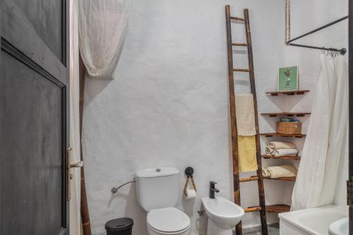 a bathroom with a toilet and a sink and a ladder at Casa Cueva Rural, Calima in Juncalillo