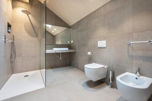 a bathroom with a shower and a toilet and a sink at Loft Lauben in Bressanone