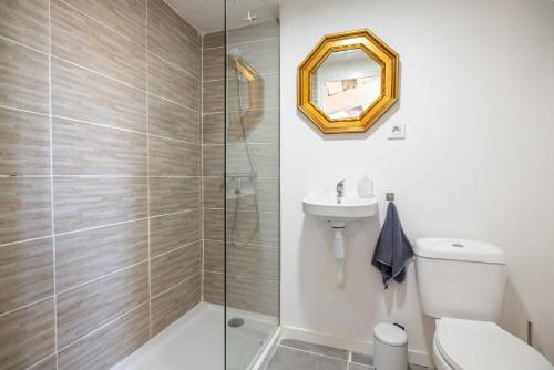 a bathroom with a shower and a toilet and a sink at La Fabriqueta Apartament Loft in Ríudecañas