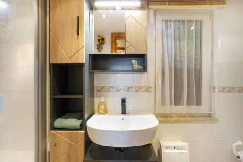 a bathroom with a white sink and a window at Ferienhaus am Wald mit Südblick in Steina