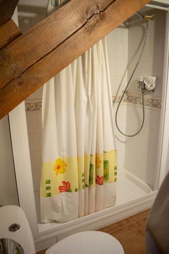 a shower curtain with flowers on it in a bathroom at Kabila Enea 2 in Uztárroz