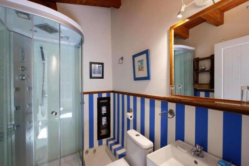 a bathroom with a shower and a toilet and a sink at Can Teresa in Capdepera