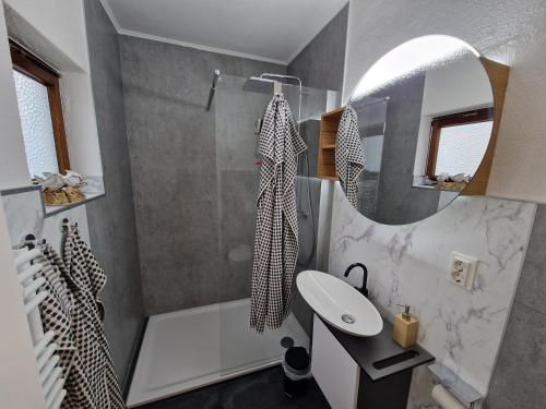 a bathroom with a shower and a sink and a mirror at Haus Meereswelle in Büsum