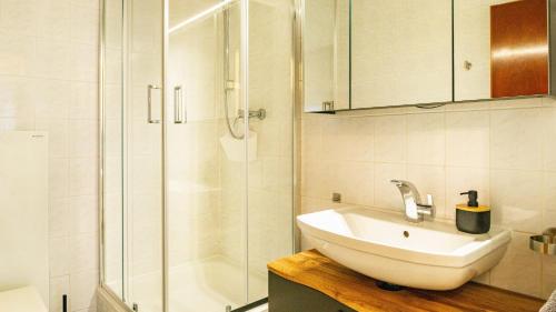 a bathroom with a sink and a shower at Tannenblick in Schönwald