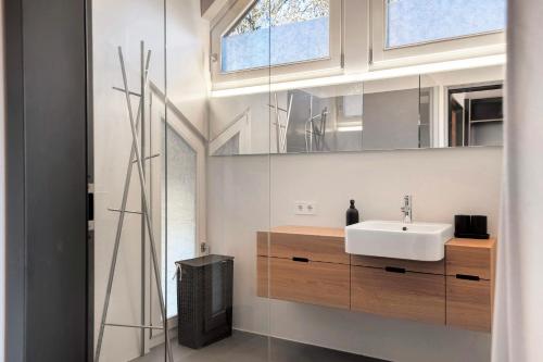 a bathroom with a sink and a mirror at Residence Skutial Santner Deluxe in Castelrotto