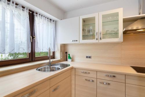 a kitchen with a sink and a window at Haus Erika Ferienwohnung 1 in Bad Teinach-Zavelstein