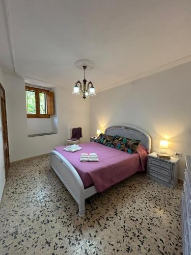 a bedroom with a large bed with a purple blanket at Casa Sonia in Osilo