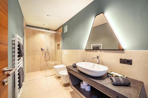 a bathroom with a sink and a toilet and a mirror at Aktiv Lodge Meran - Terrace Two in San Martino