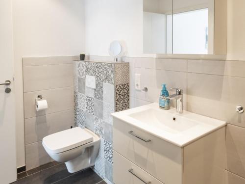 a bathroom with a white sink and a toilet at Conzen Hof am Hennesee in Erflinghausen