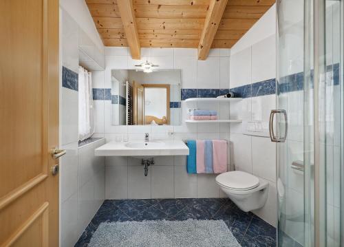 a bathroom with a toilet and a sink and a mirror at Humblhof in Lagundo