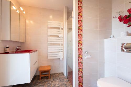 a bathroom with a shower and a sink and a toilet at Villa Green in Saint-Amé