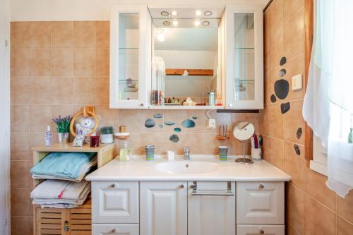 a bathroom with a sink and a mirror at Villa près du lac in Étercy
