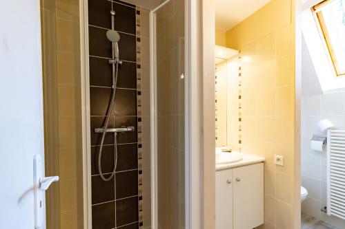a bathroom with a shower and a sink at Maison en pierre piscine clim in Varennes