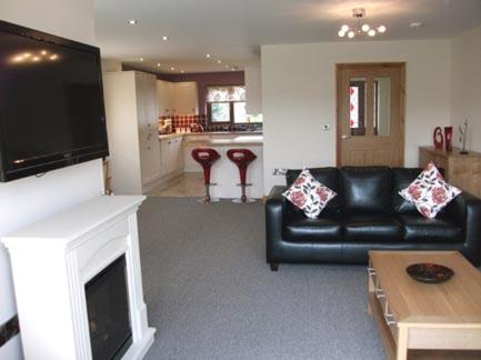 a living room with a black leather couch and a fireplace at Ty Talcen in Pennal