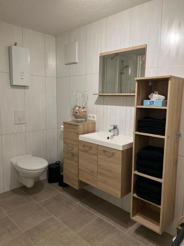 a bathroom with a toilet and a sink and a mirror at Ferienwohnung Arnstadt Ost in Arnstadt