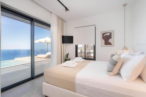 a bedroom with a large bed and a large window at Nimbus Villas in Kalamitsi