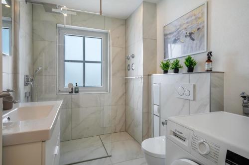 a bathroom with a toilet and a sink at Bodenseenest in Meckenbeuren