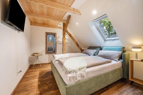 a bedroom with a bed and a tv in it at Schwalbenloft in Wagenfeld