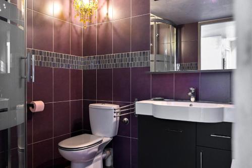 a bathroom with a toilet and a sink and a mirror at Les Oliviers in Cassis
