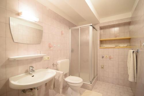 a bathroom with a toilet and a sink and a shower at Peter Paul Gartenapt. Palme in Appiano Sulla Strada Del Vino