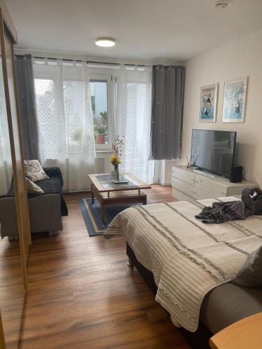 a bedroom with two beds and a living room at Domus Lux 53 in Bad Säckingen